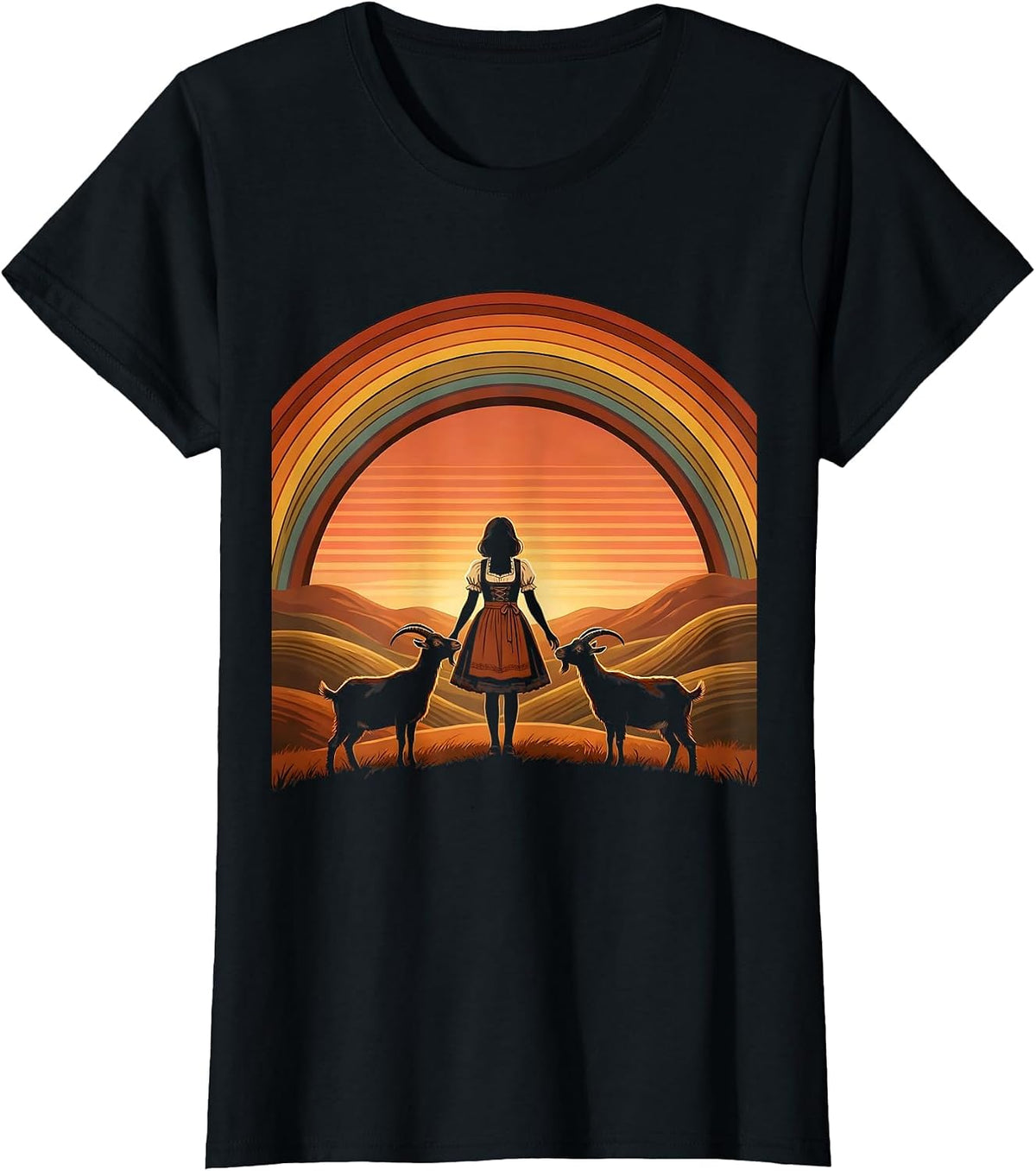 Dirndl Girl Feeding Goats on Hillside Illustration T-Shirt - Black