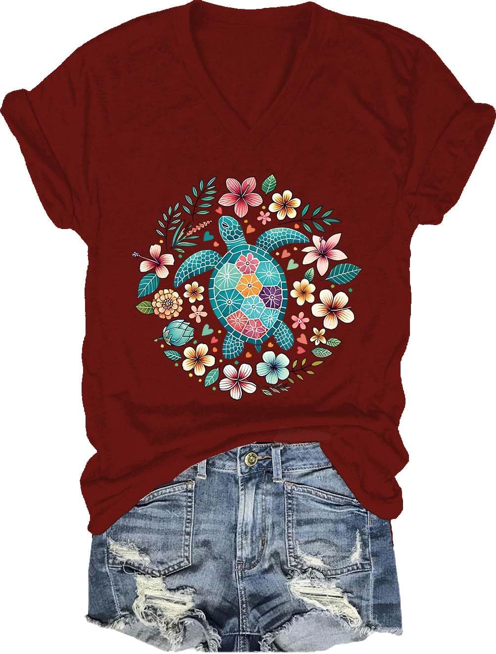Sea Turtle T-Shirt, Funny Sea Turtle Graphic Beach V Neck Short Sleeve Tees - V-Neck Wine-1