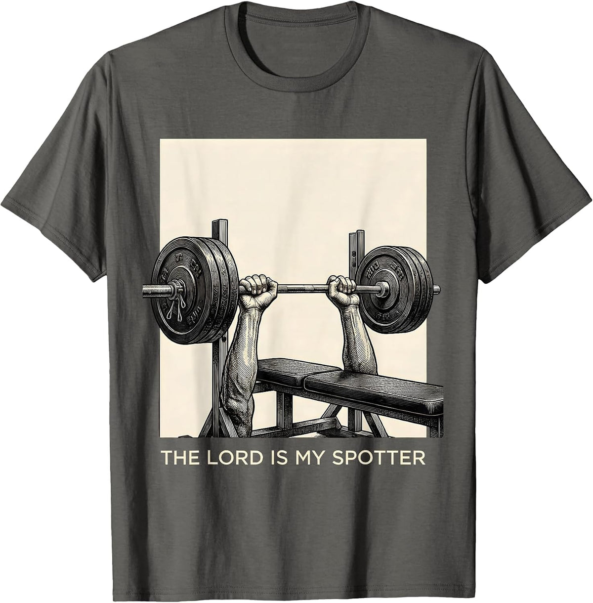 The Lord Is My Spotter Funny Christian Gym Lifter Humor T-Shirt - Asphalt Grey
