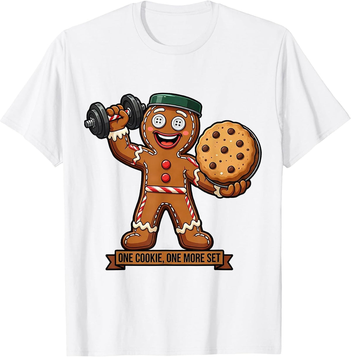 Men's One Cookie One More Set Funny Gingerbread Gym Weightlifting T-Shirt - White