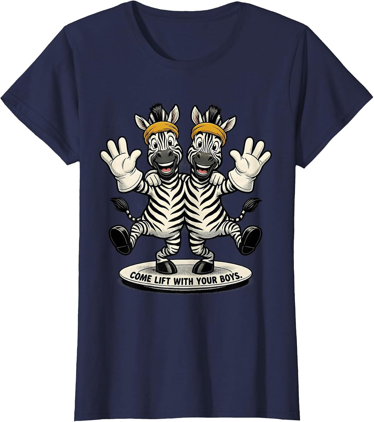 Women's Come Lift With Your Boys Retro Cartoon Zebra Duo Gym Humor T-Shirt - Navy Blue