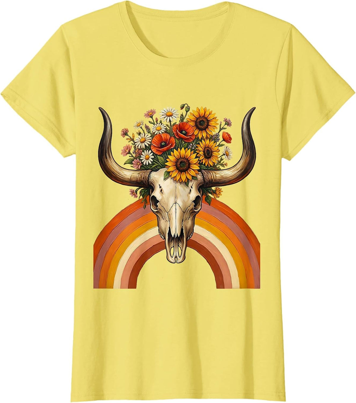 Women's Longhorn Skull Pastel Wildflowers Western Boho T-Shirt - Lemon Yellow