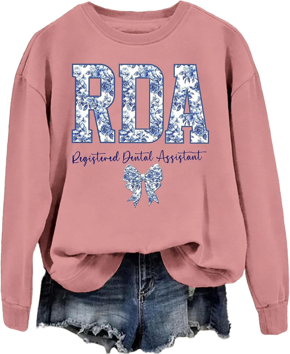 SAUIVD RDA Registered Dental Assistant Sweatshirt for Women Flower Dental Shirt Dentist Gifts Long Sleeve Pullover Tops -