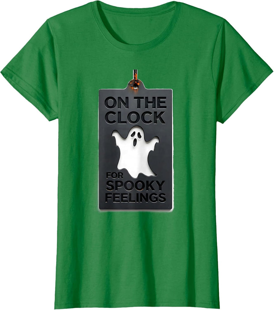Women's On The Clock For Spooky Feelings Minimalist Halloween School T-Shirt - Kelly Green