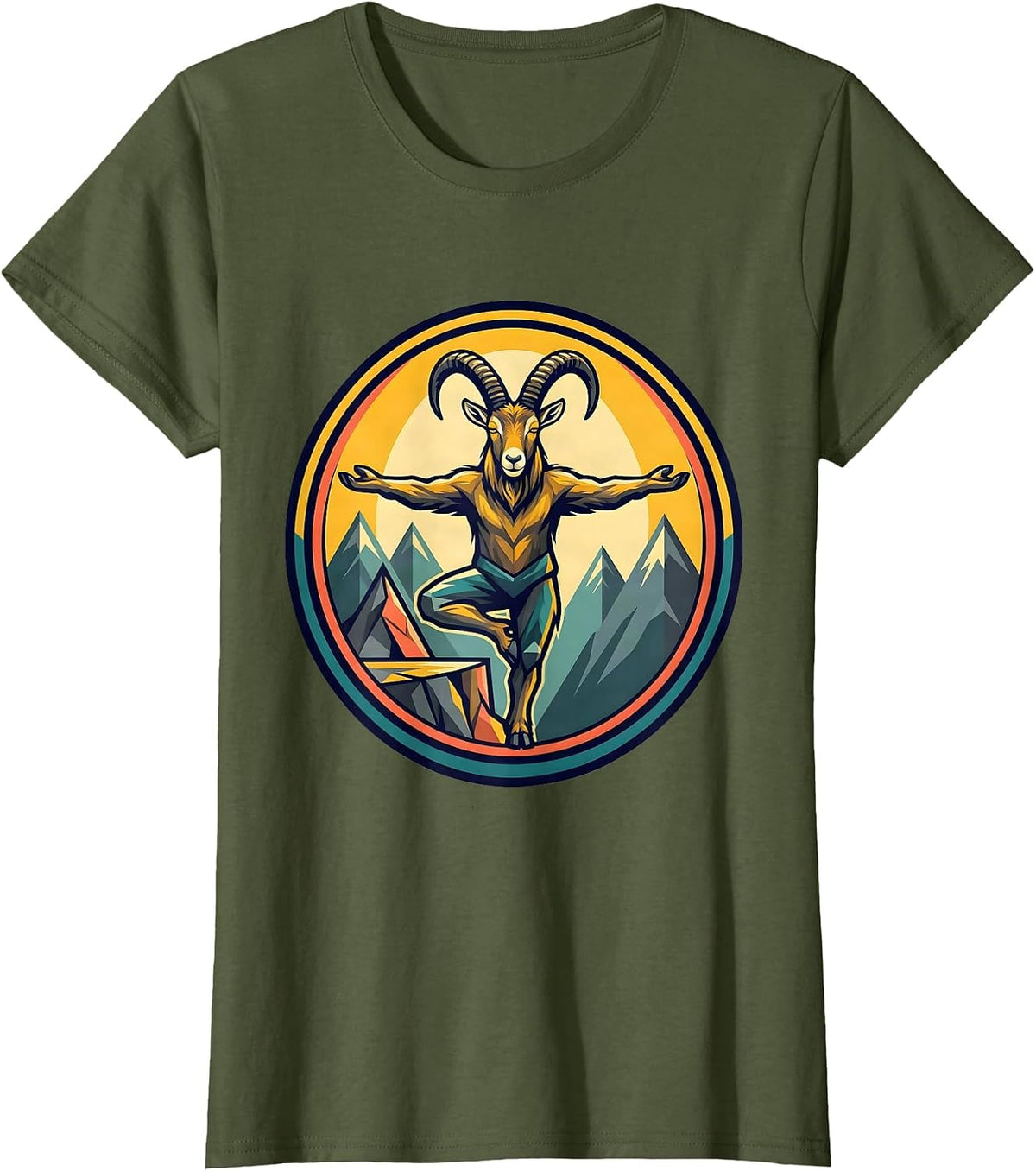 Women's Funny Mountain Goat Yoga on Cliff Edge Graphic T-Shirt - Olive Green