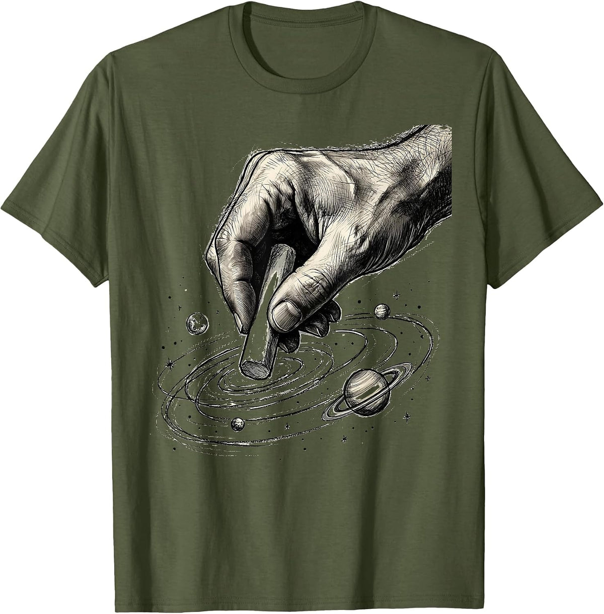 Hand Chalk Drawing Solar System Teacher Design T-Shirt - Olive Green