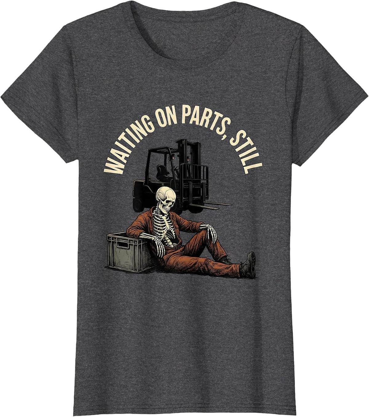 Women's Waiting On Parts Still Funny Mechanic Skeleton Auto Repair T-Shirt - Dark Heather Grey