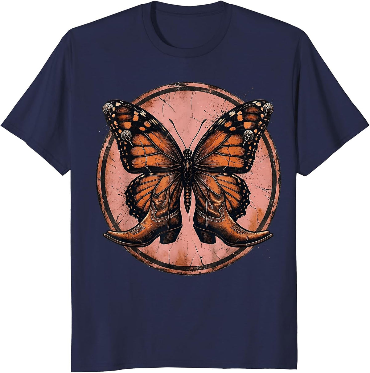 Butterfly Wings Cowgirl Boots Western Art T-Shirt - Navy Blue