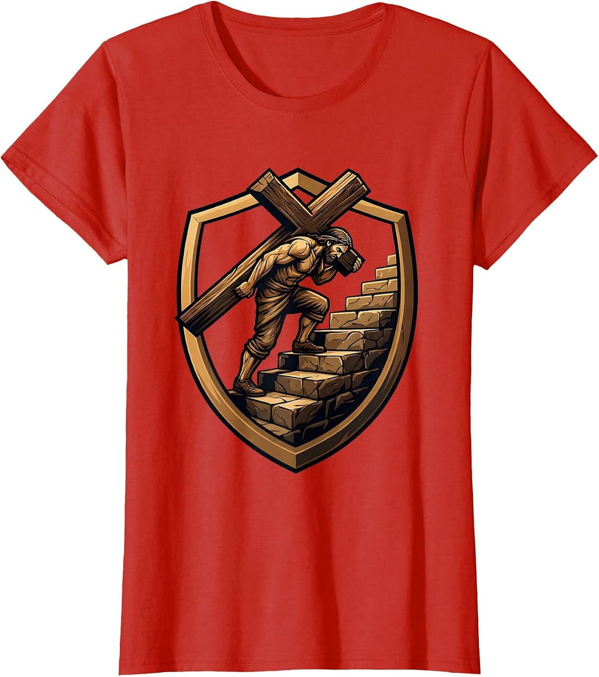 Carrying the Cross Up Stone Steps Christian Design T-Shirt - Red
