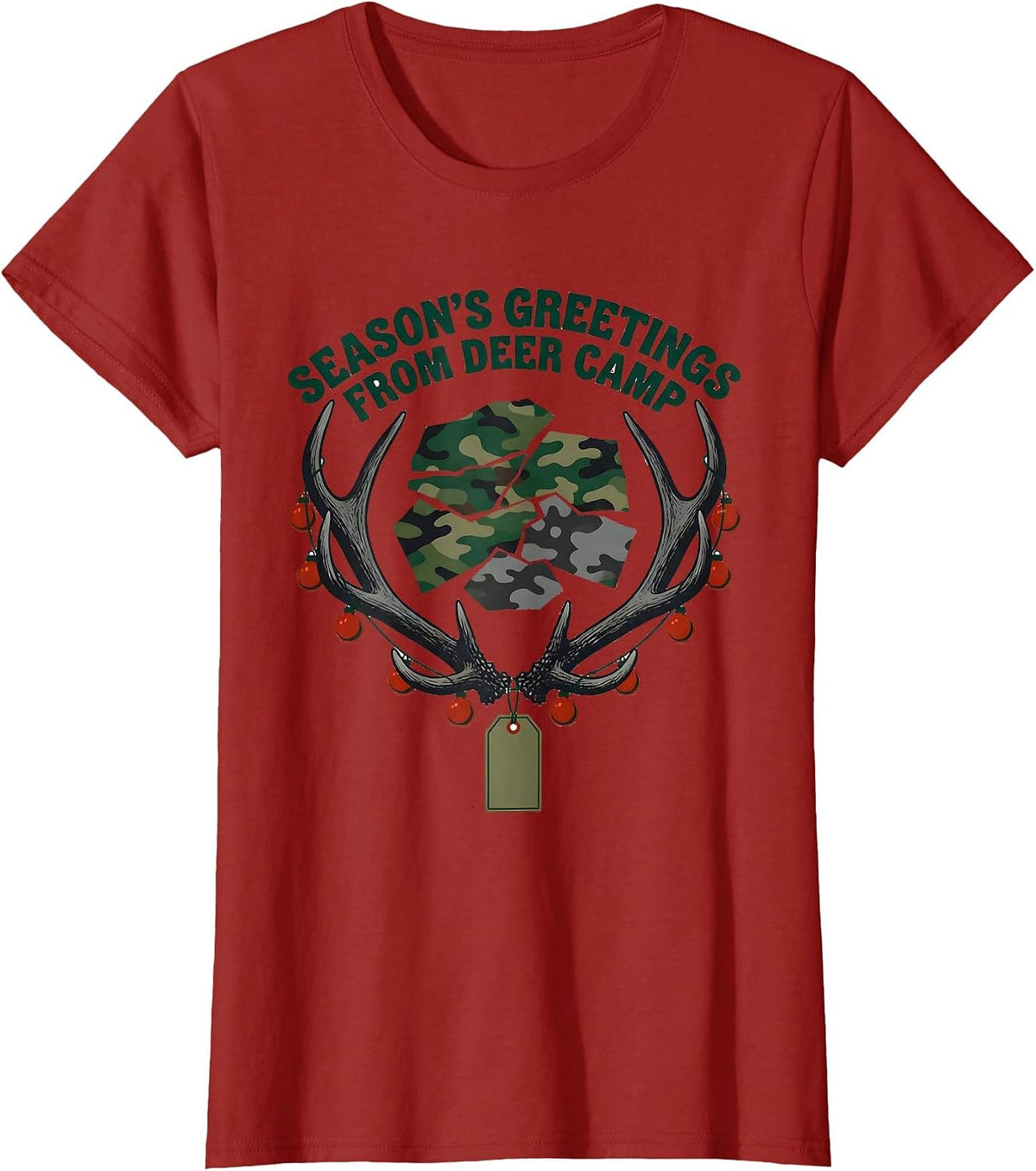 Women's Season's Greetings From Deer Camp Funny Hunting Christmas T-Shirt - Cranberry Red