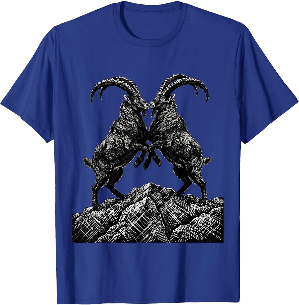 Men's Two Goats Locking Horns on a Hilltop Graphic T-Shirt - Royal Blue