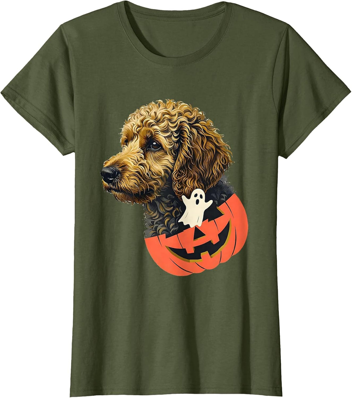 Women's Goldendoodle Ghost Jack-o'-lantern Midcentury Modern T-Shirt - Olive Green