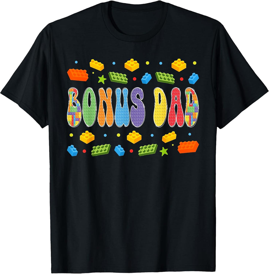 Bonus Dad Building Bricks Block Master Builder Matching T-Shirt, Men, Black, Small - As Pictured