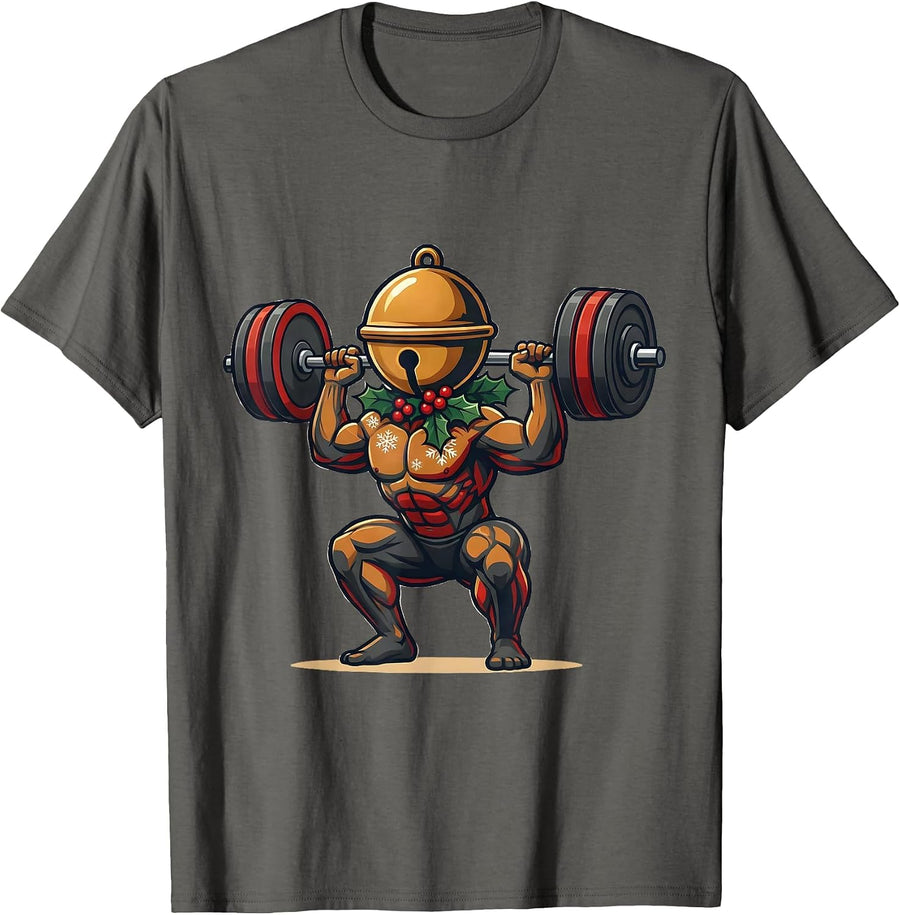 Bell-Headed Holiday Mascot Gym Workout Christmas Humor T-Shirt - Asphalt Grey