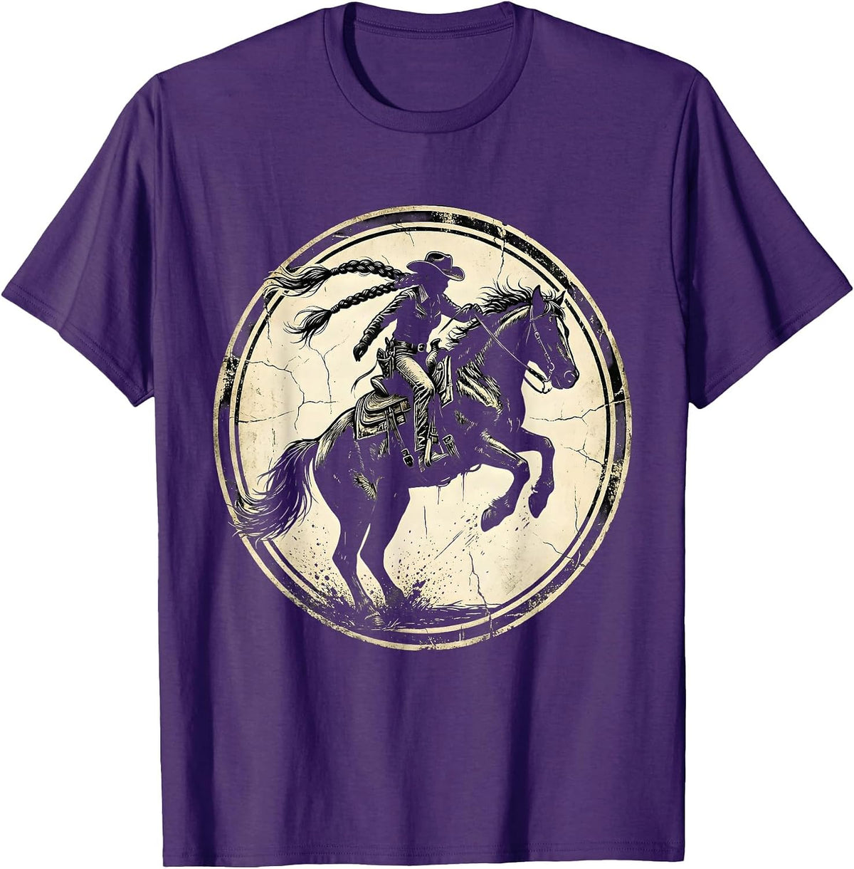 Denim Cowgirl Braids Bucking Bronco Rodeo Art T-Shirt - Purple