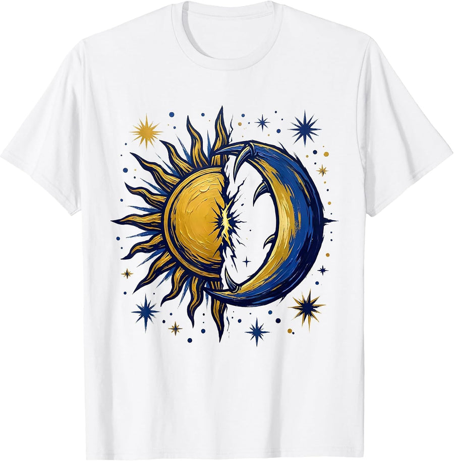 Men's Sun and Moon Standoff Celestial Graphic Tee T-Shirt - White