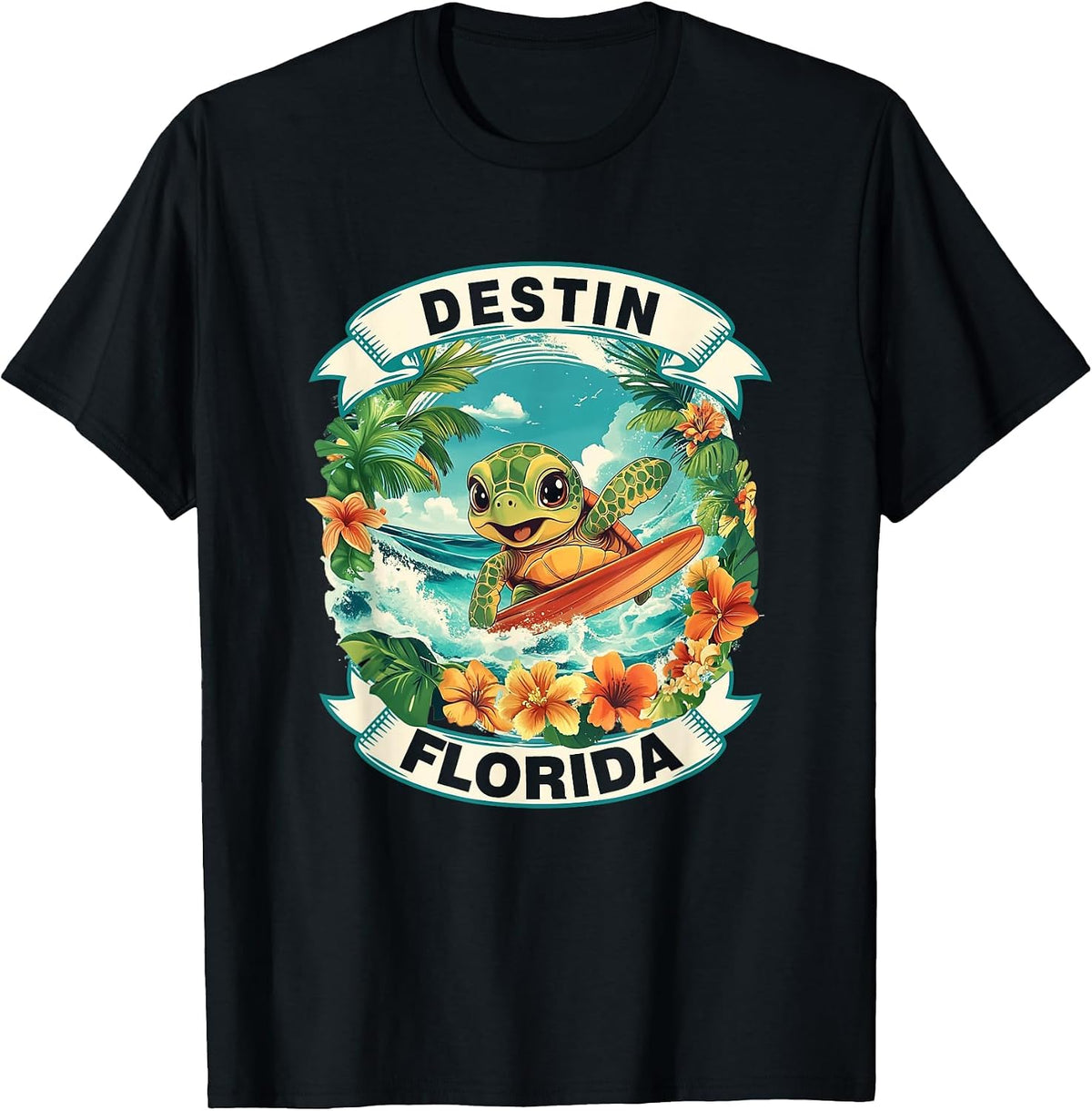 Destin Florida Cute Sea Turtle Surfing Summer Vacation T-Shirt - Black