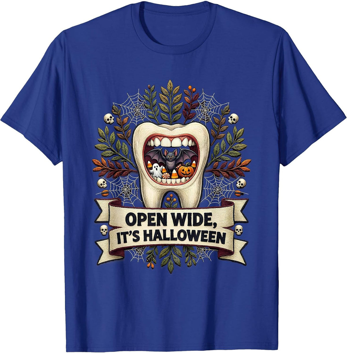 Men's Open Wide It's Halloween Dental Spooky Design T-Shirt - Royal Blue