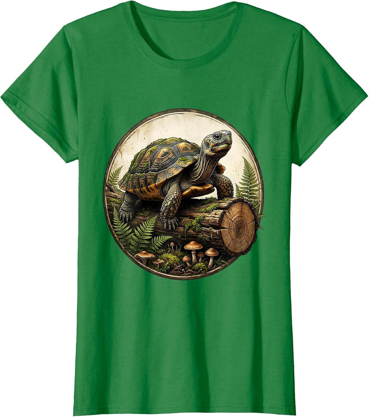 Women's Ancient Turtle Resting on Log Mossy Shell Art T-Shirt - Kelly Green