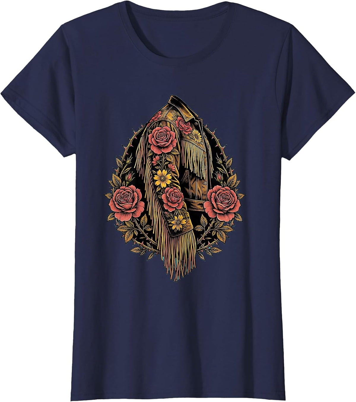 Women's Floral Embroidery Fringe Western Jacket Sleeve T-Shirt - Navy Blue