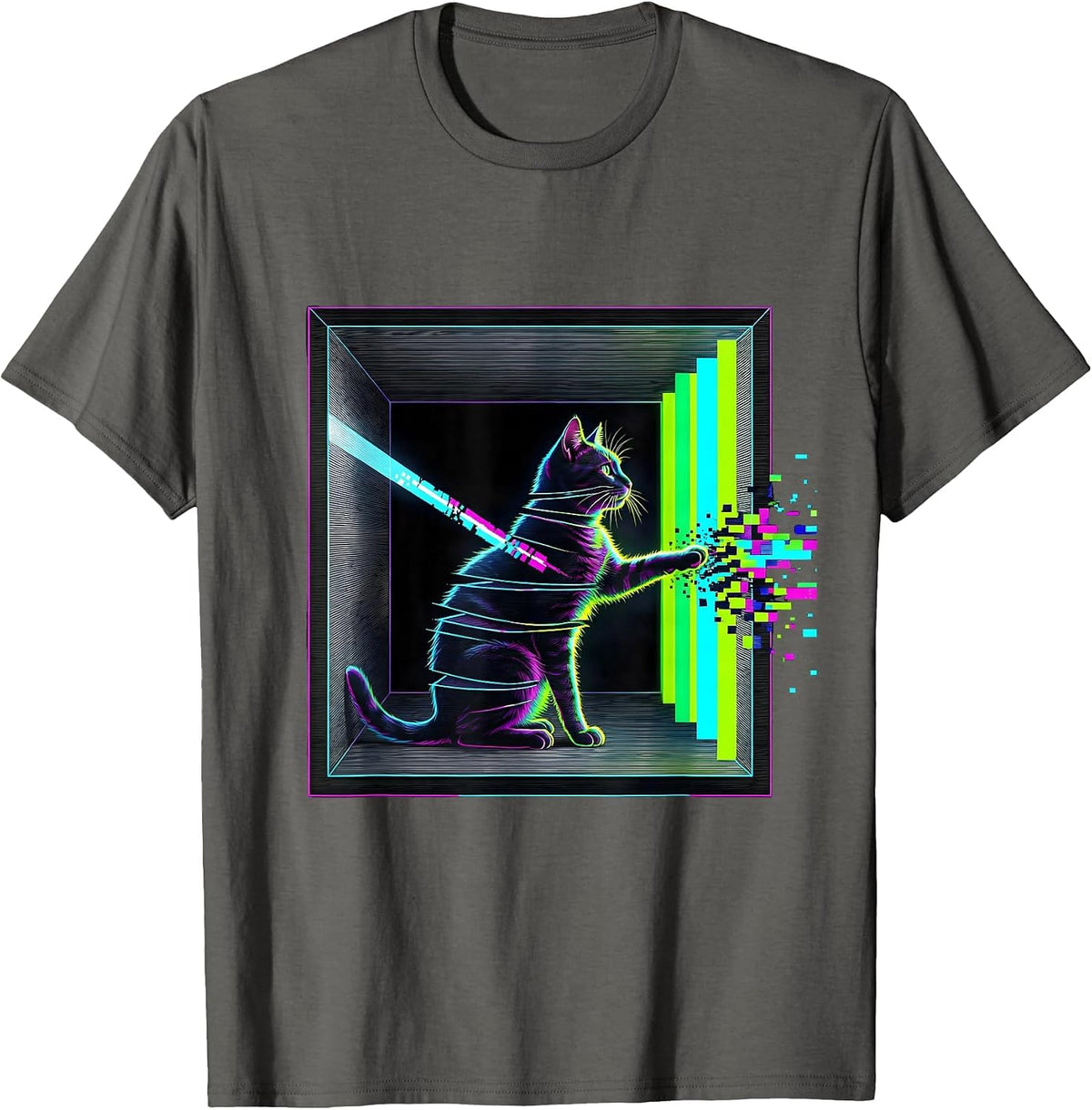 Men's Schrödinger Cat Glitch Humor Science Enthusiast T-Shirt - Asphalt Grey