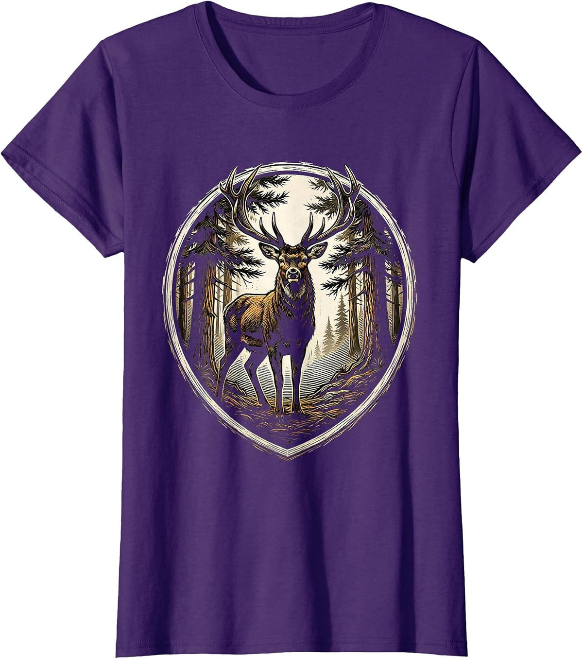Women's Buck Deer Silhouette Misty Forest Hunting Design T-Shirt - Purple