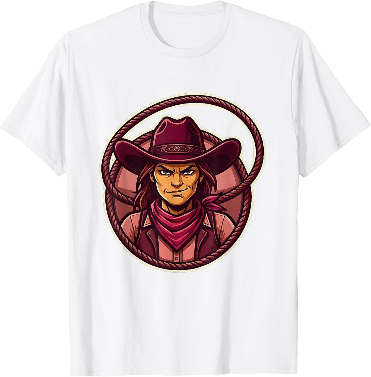 Men's Rodeo Lasso Cowgirl Wide Brim Hat Illustration T-Shirt - White