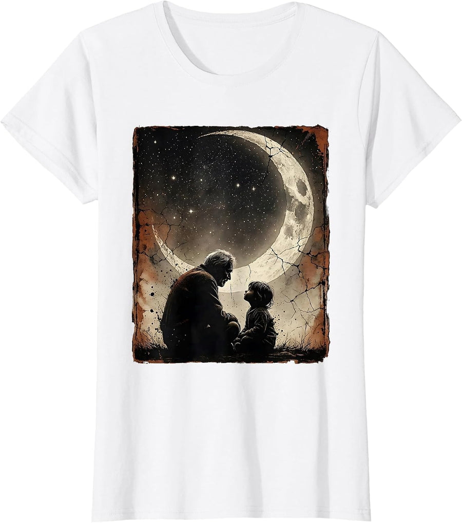 Women's Grandpa and Grandchild Stargazing Night Sky T-Shirt - White