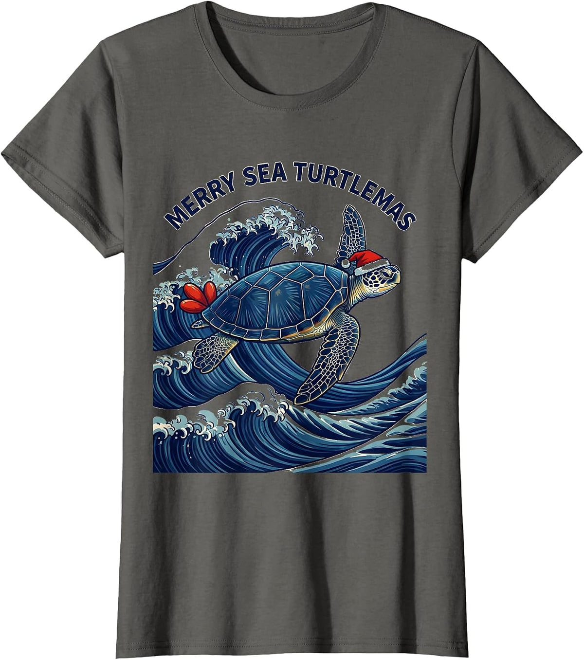 Women's Merry Sea Turtlemas Ukiyo-e Santa Hat Sea Turtle Lover T-Shirt - Asphalt Grey