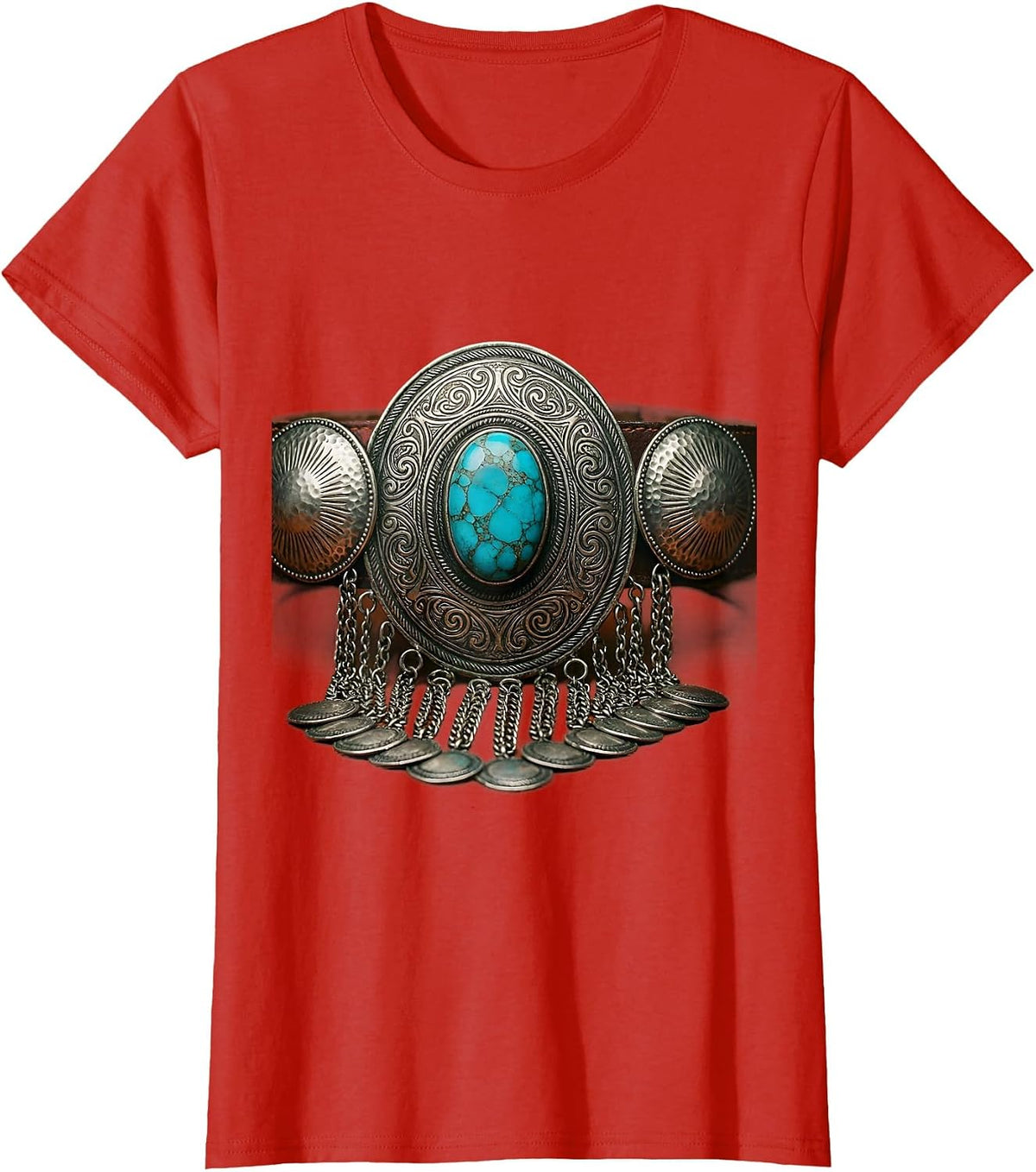 Women's Turquoise Silver Concho Belt Buckle Western Art T-Shirt - Red