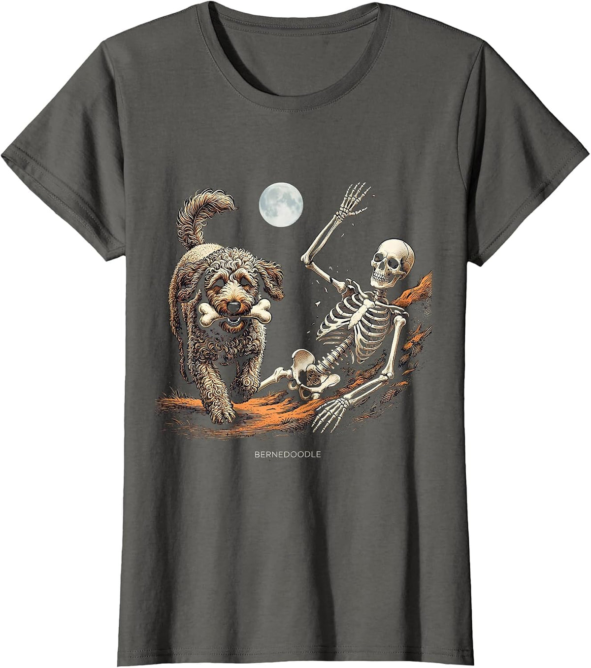 Women's Bernedoodle Funny Skeleton Chasing Halloween Dog Mom Pet T-Shirt - Asphalt Grey