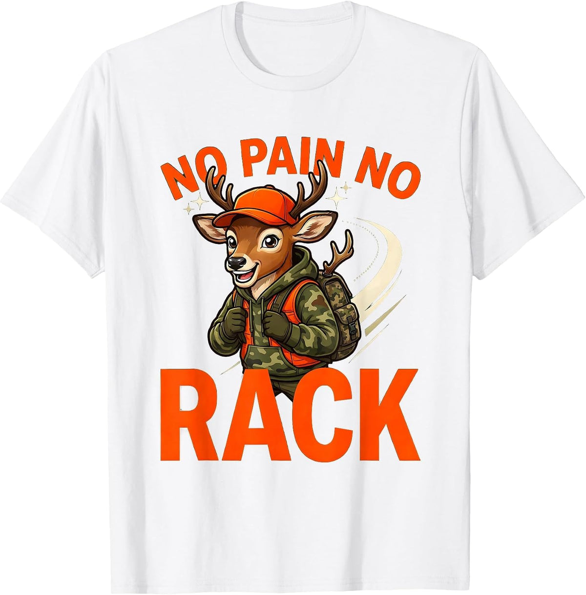 Men's NO PAIN NO RACK Funny Cartoon Deer Hunter Hunting Camp T-Shirt - White