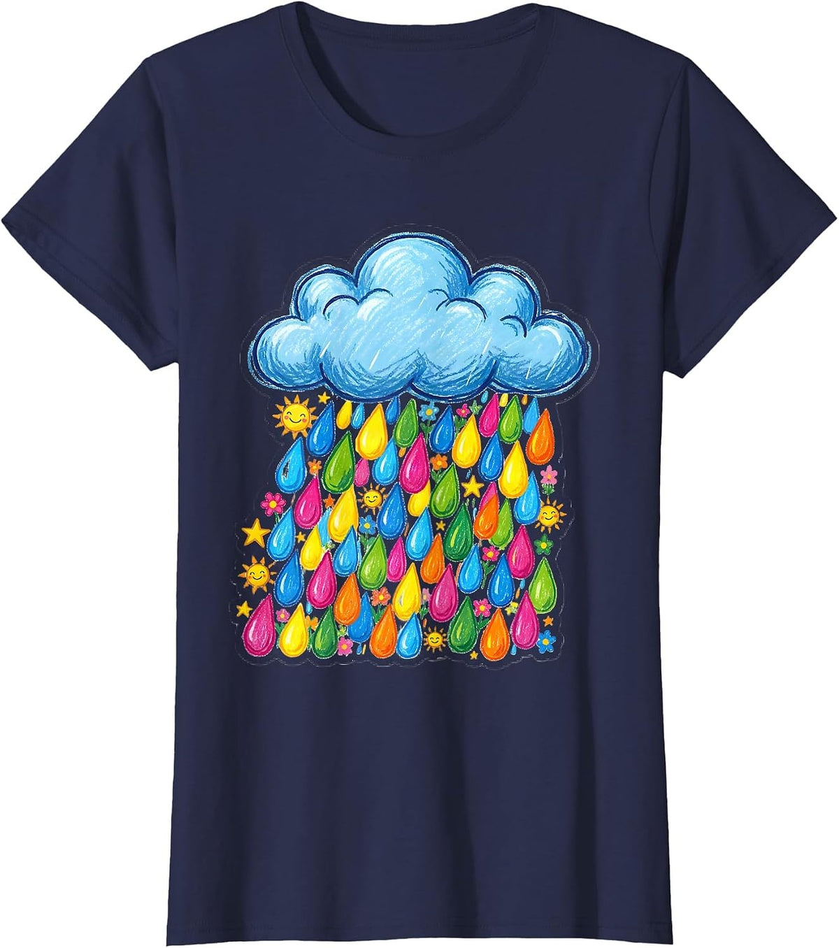 Women's Preschool Teacher Cloud Colorful Letter Rain Design T-Shirt - Navy Blue