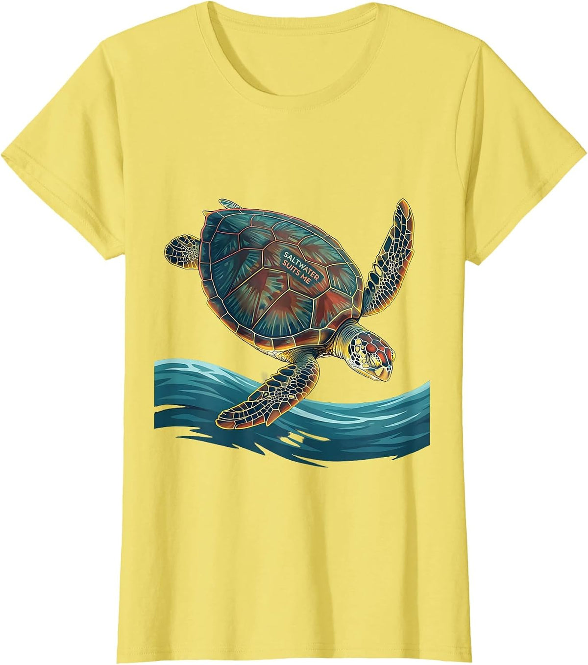 Saltwater Suits Me Flat Vector Sea Turtle Lover Souvenir T-Shirt - Lemon Yellow