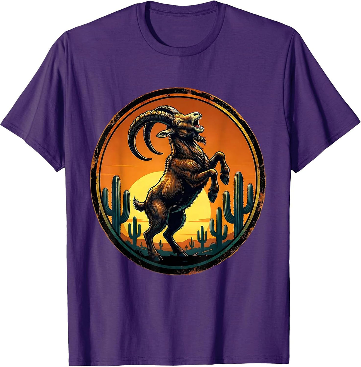Men's Wild Goat Howling at Desert Sunset Sky T-Shirt - Purple
