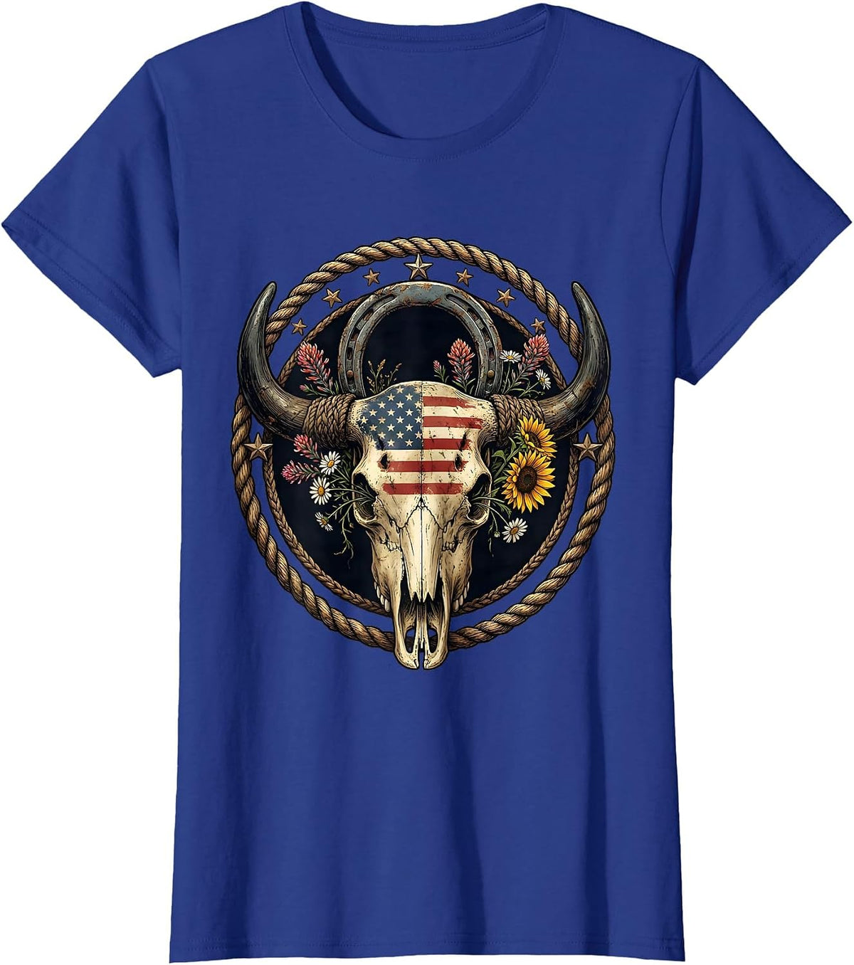 Women's Buffalo Skull Wildflowers Western Boho USA Design T-Shirt - Royal Blue