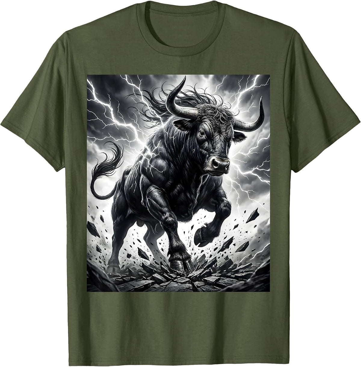 Bull Charging Through Lightning Storm Graphic T-Shirt - Olive Green