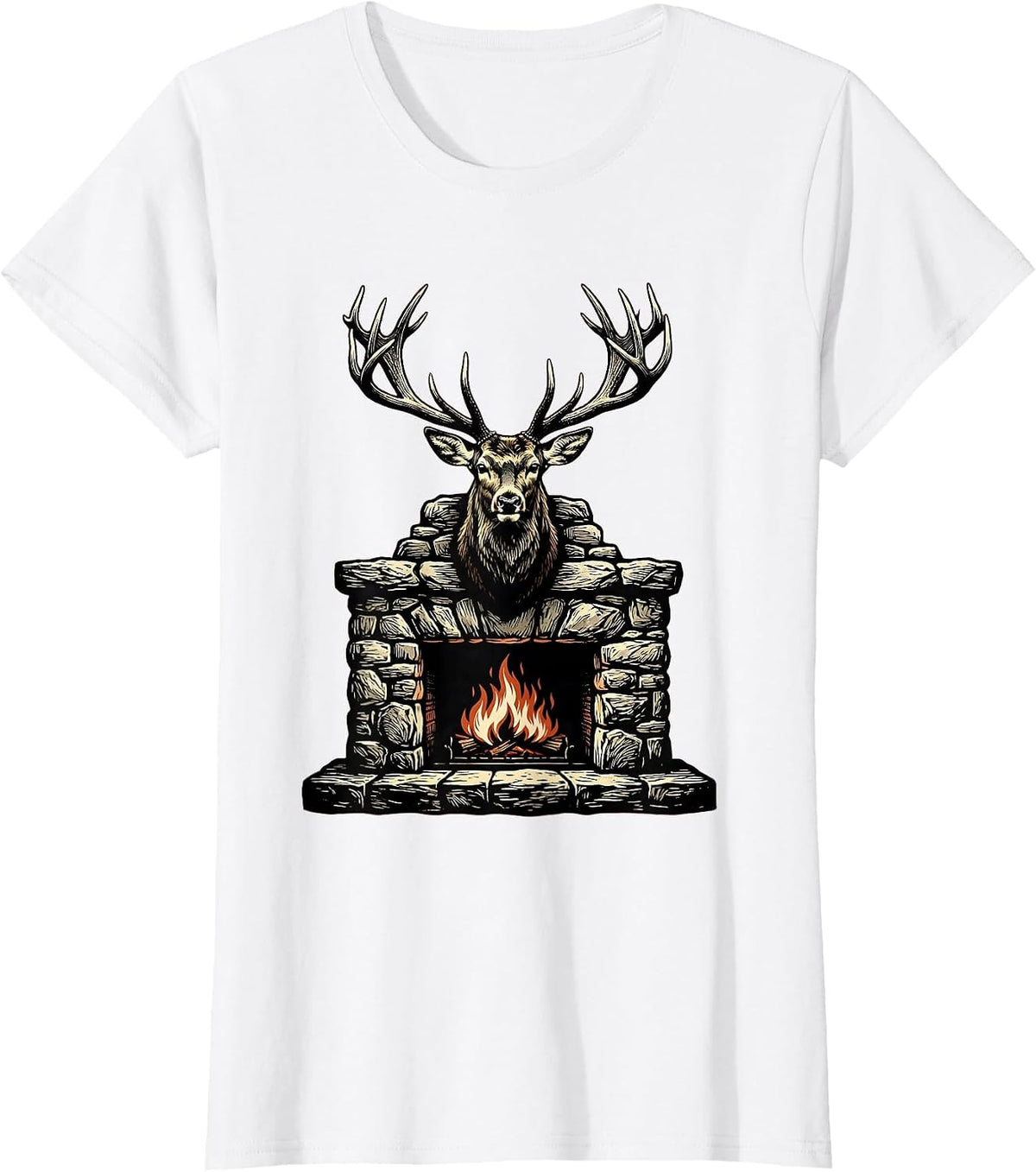 Deer Mount Stone Fireplace Hunting Graphic T-Shirt - White