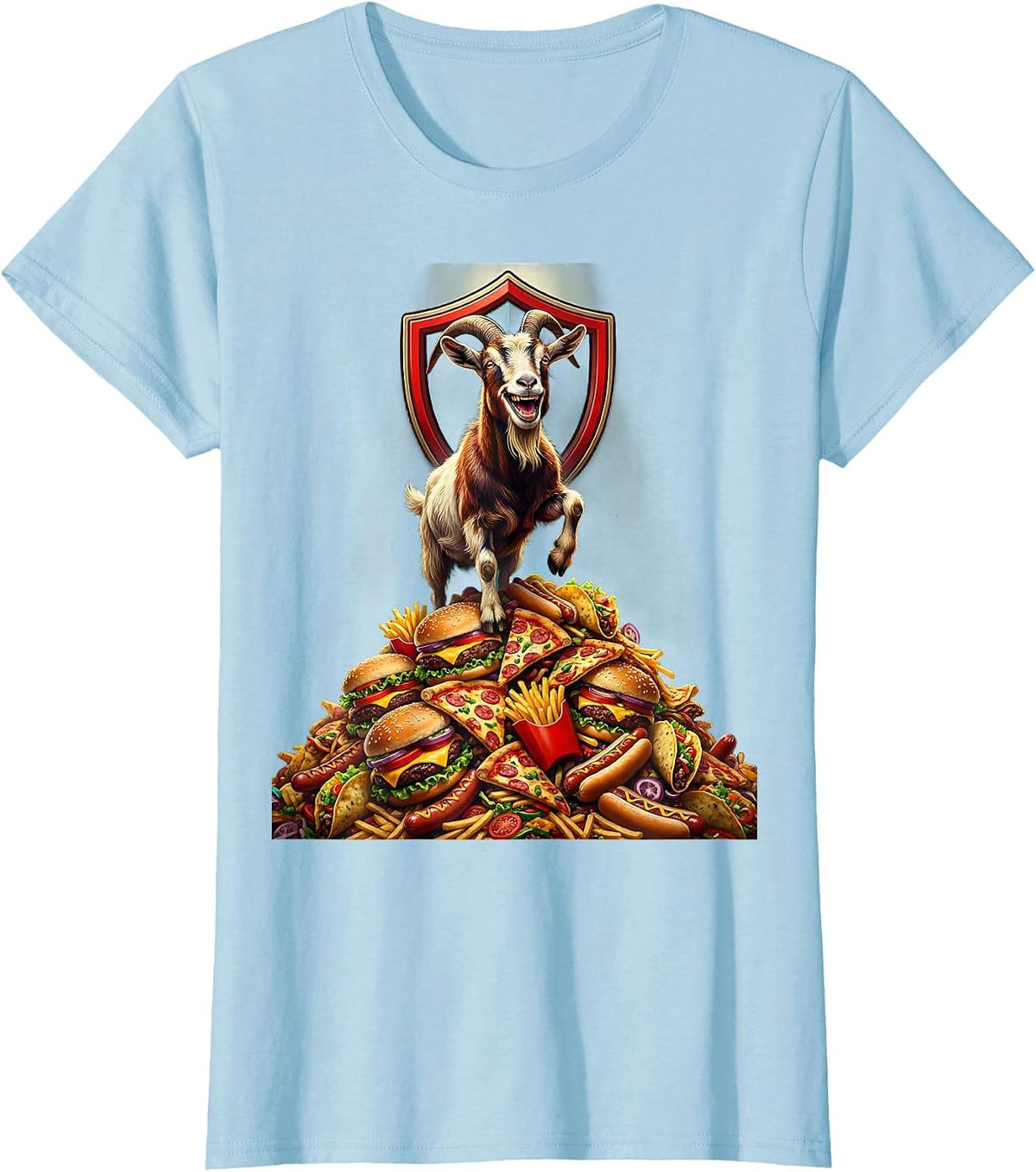 Women's Goat on Fast Food Mountain Funny Humor Graphic T-Shirt - Baby Blue