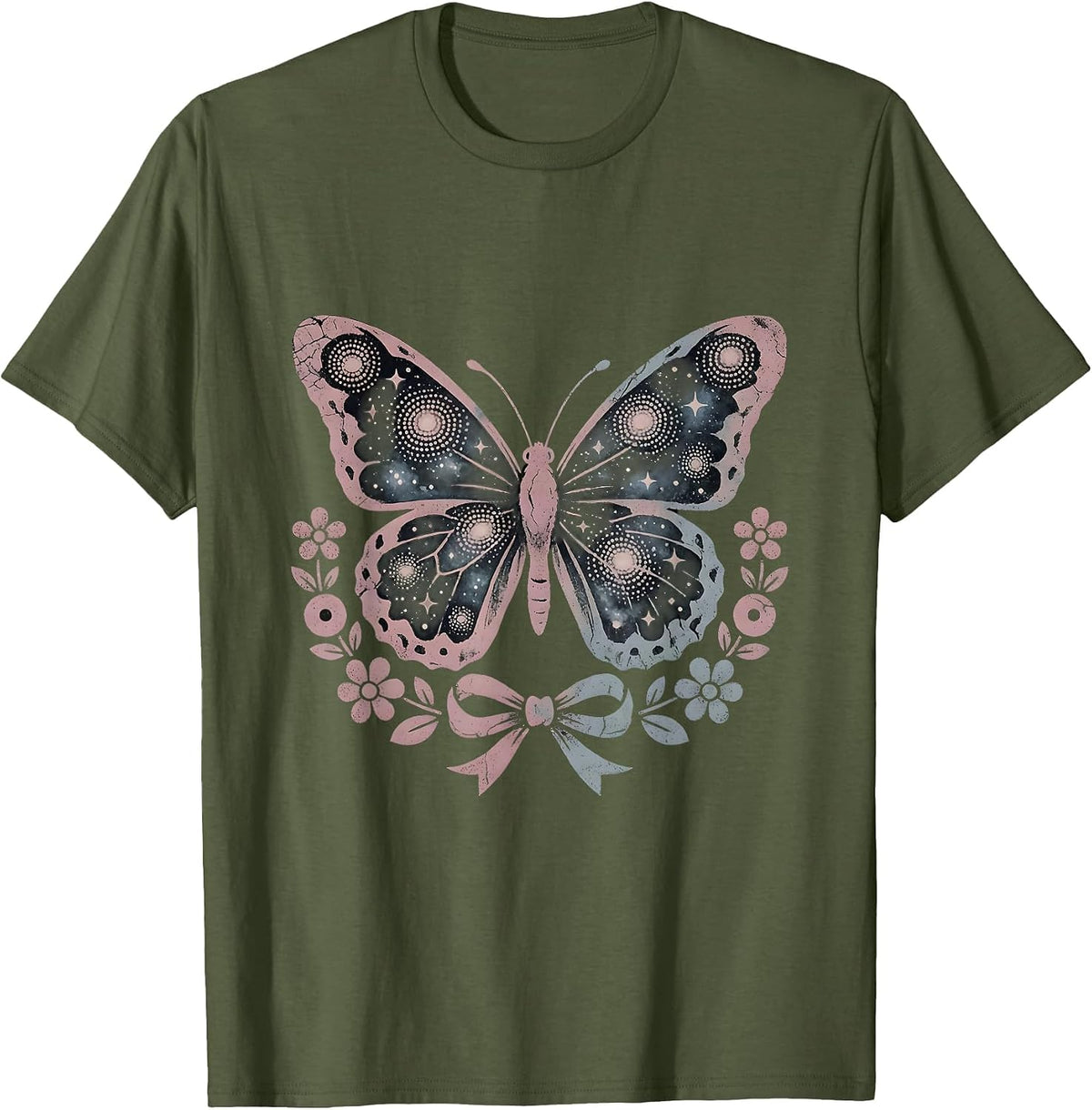 Galaxy Butterfly Cosmic Wings Illustration T-Shirt - Olive Green