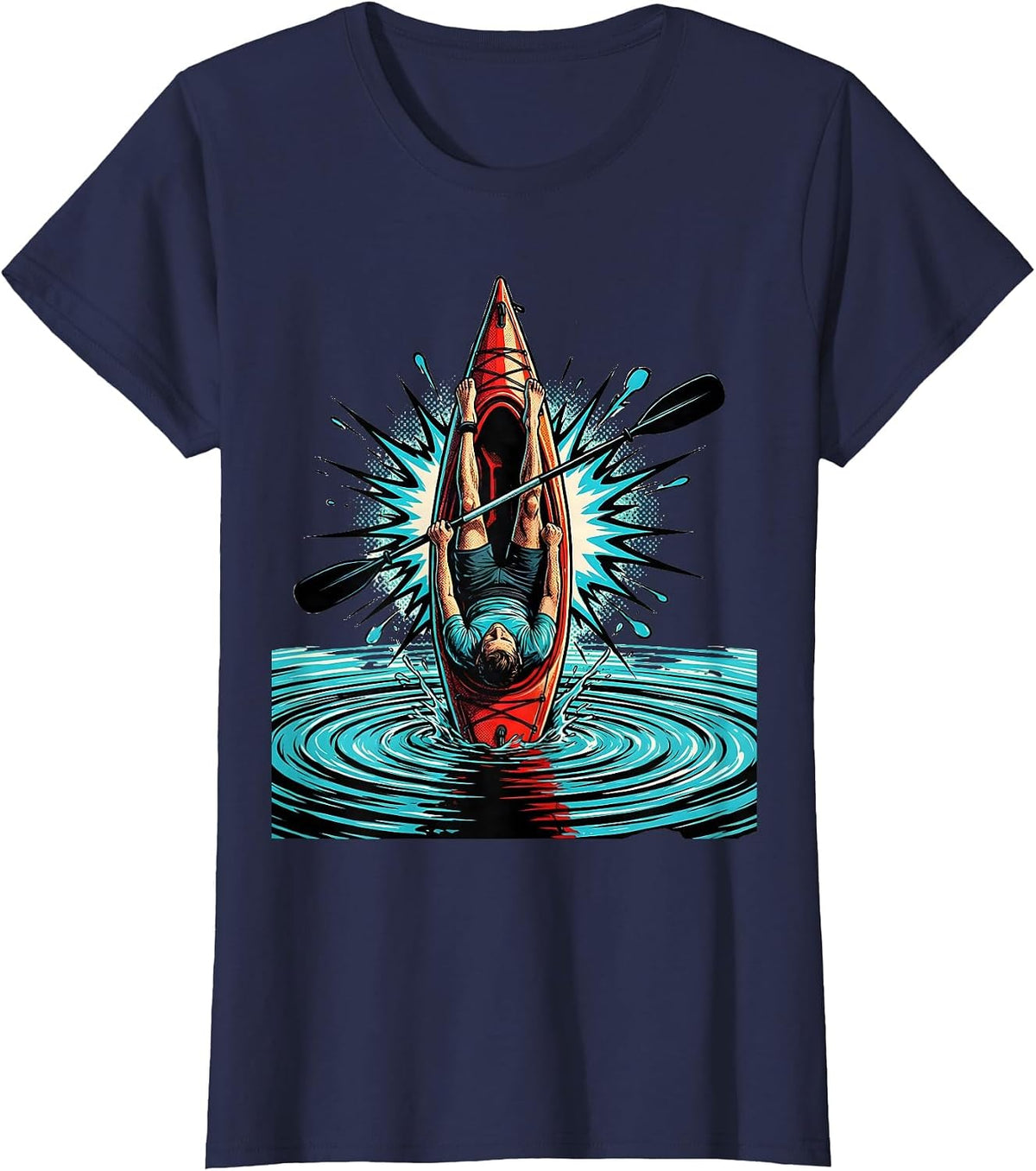 Women's Kayaker Upside Down Pop Art Funny Kayak Humor T-Shirt - Navy Blue
