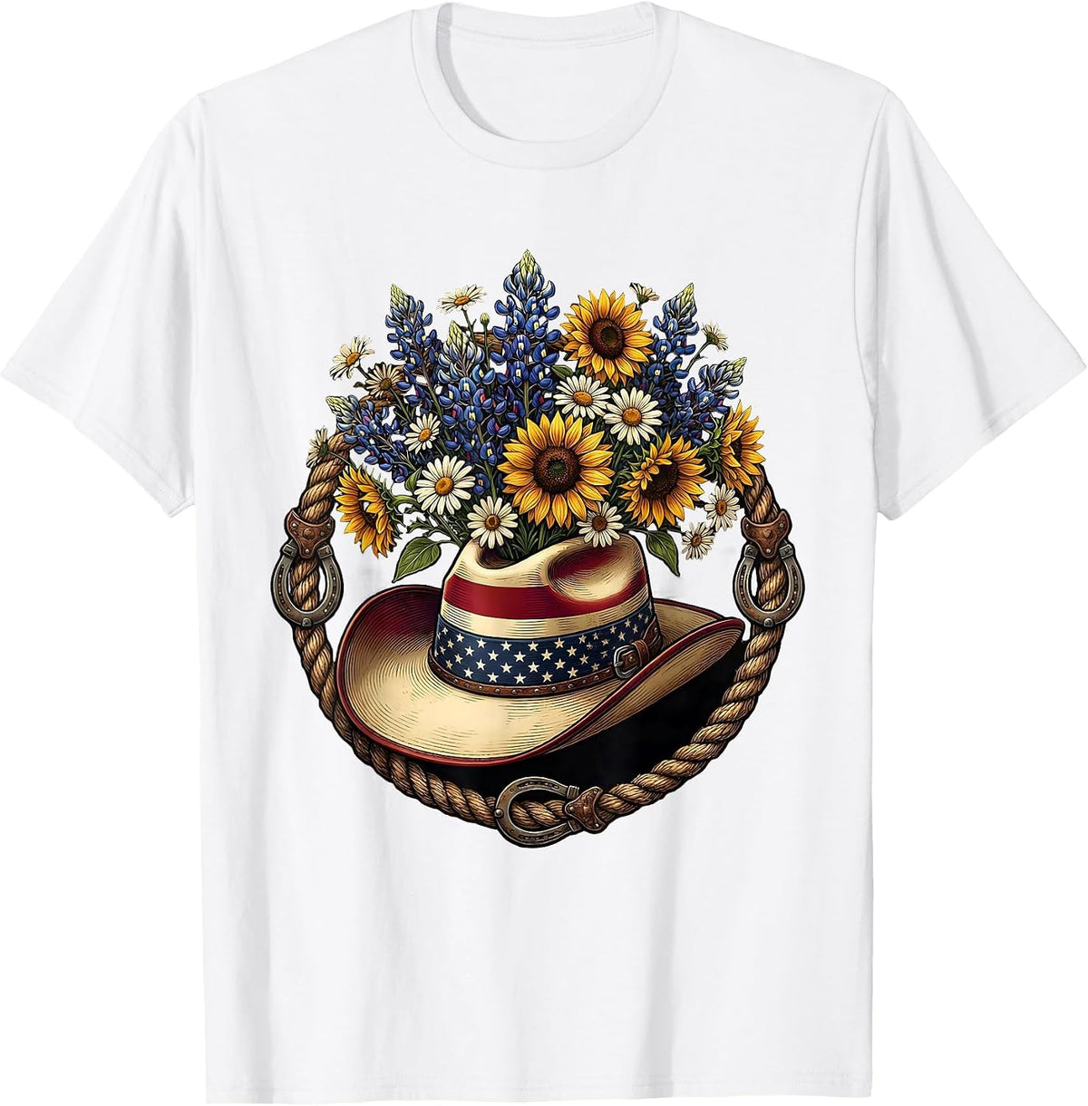 Men's Cowgirl Hat Wildflowers Rodeo Illustration T-Shirt - White