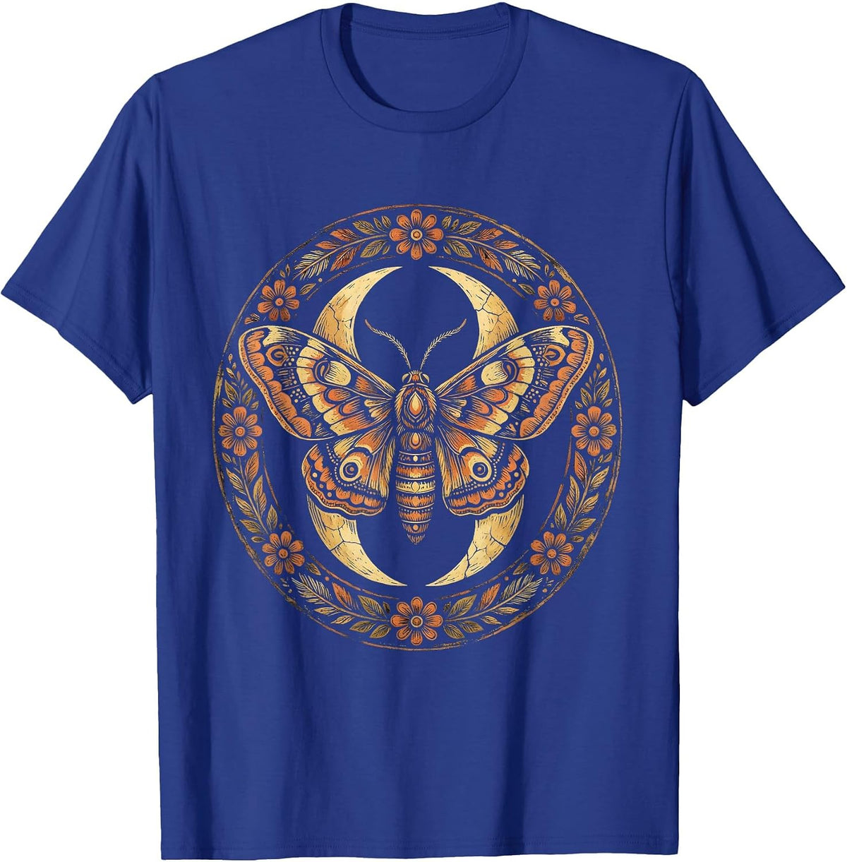 Crescent Moon Moth Western Boho Graphic Design T-Shirt - Royal Blue