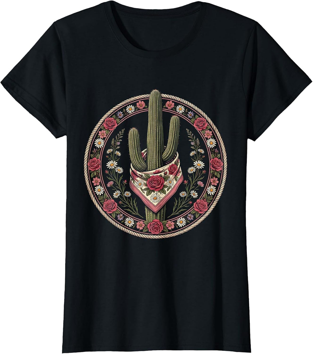 Women's Floral Bandana Cactus Western Desert Design T-Shirt - Black