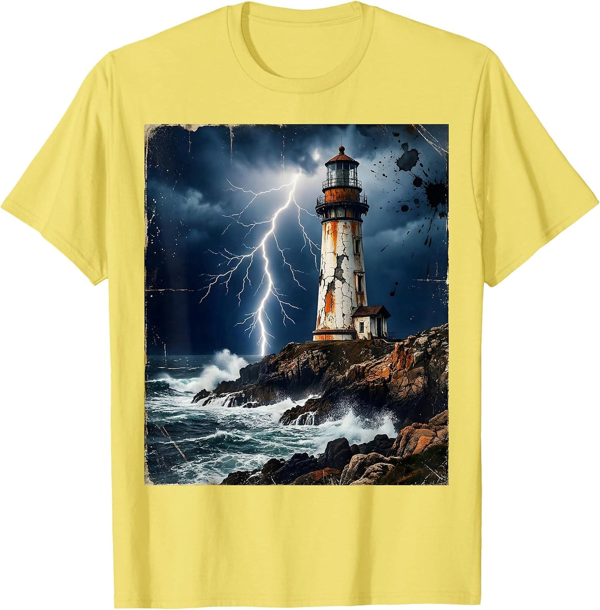 Men's Gulf of America Lighthouse Lightning Storm Art T-Shirt - Lemon Yellow