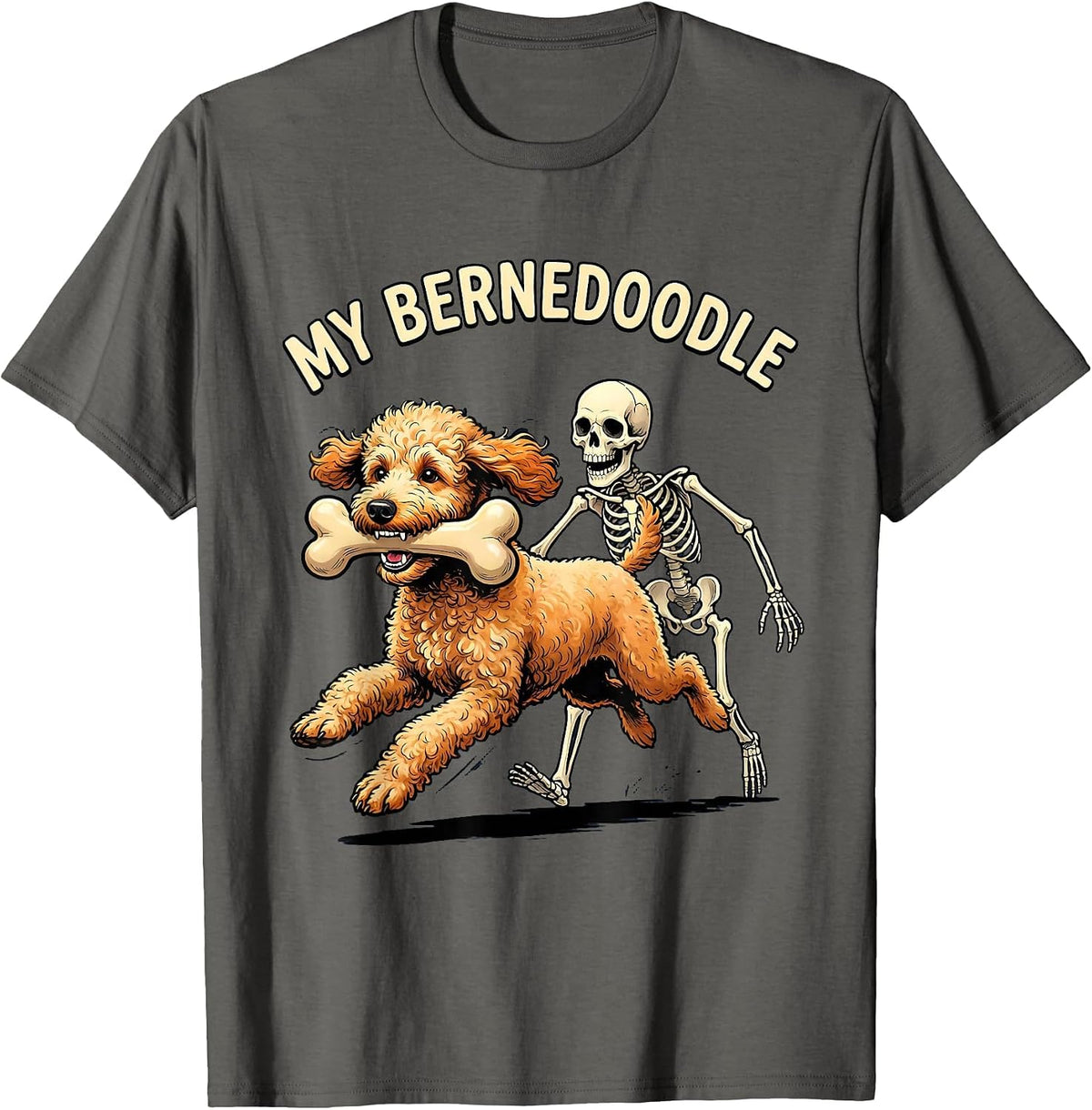 MY BERNEDOODLE Funny Skeleton Chasing Halloween Dog Mom Pet T-Shirt - Asphalt Grey