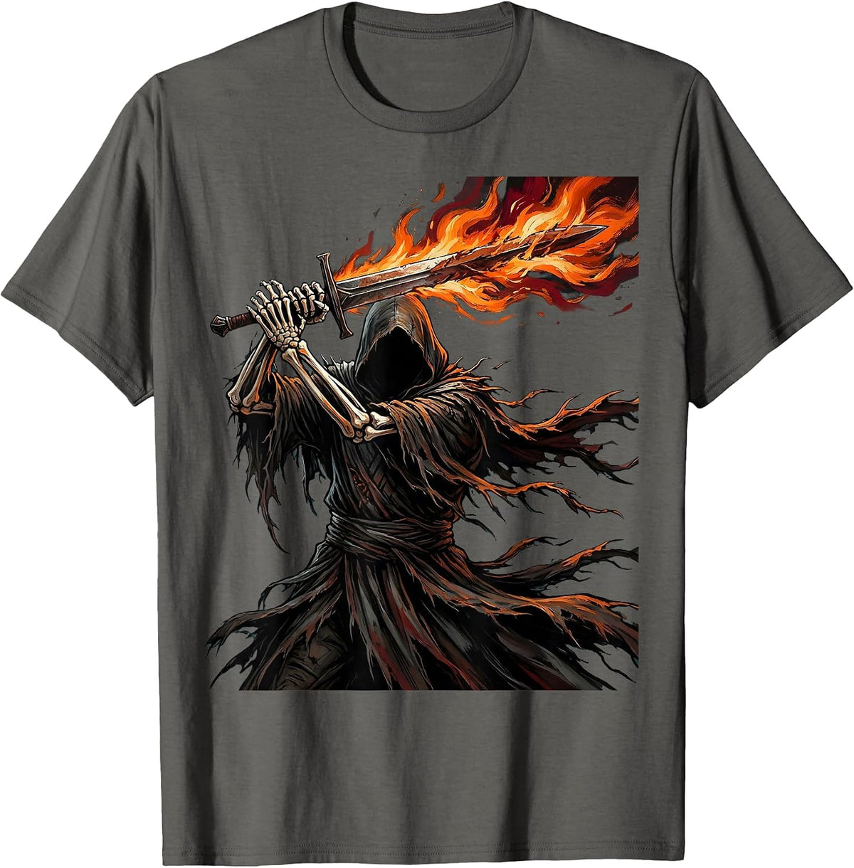 Men's Hooded Figure Flaming Sword Dark Metal Graphic T-Shirt - Asphalt Grey