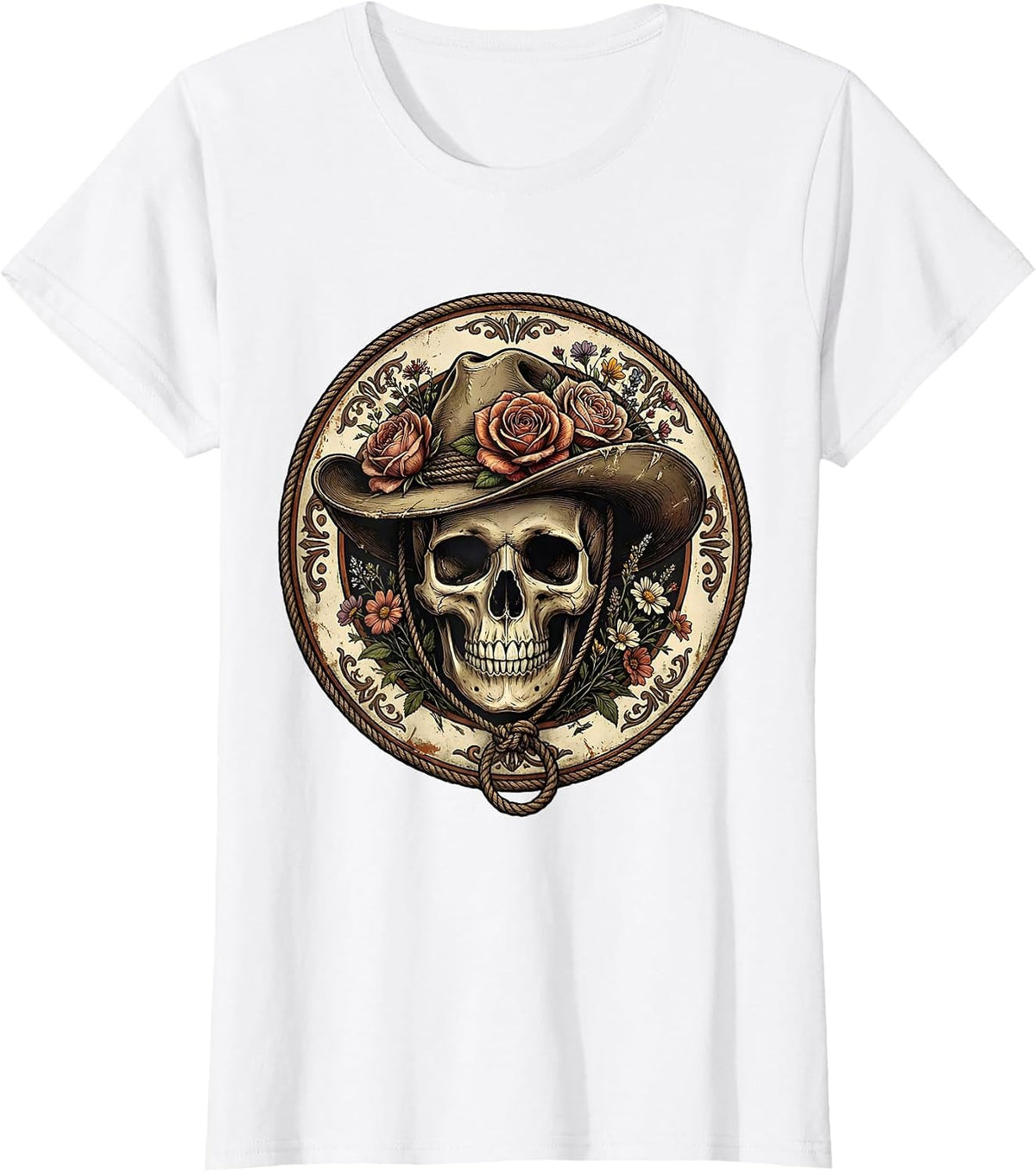 Floral Cowboy Hat Skull Western Art Design T-Shirt - White