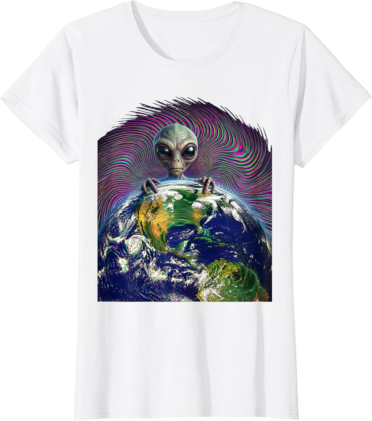 Women's Tiny Alien Peeking Over Earth's Horizon T-Shirt - White