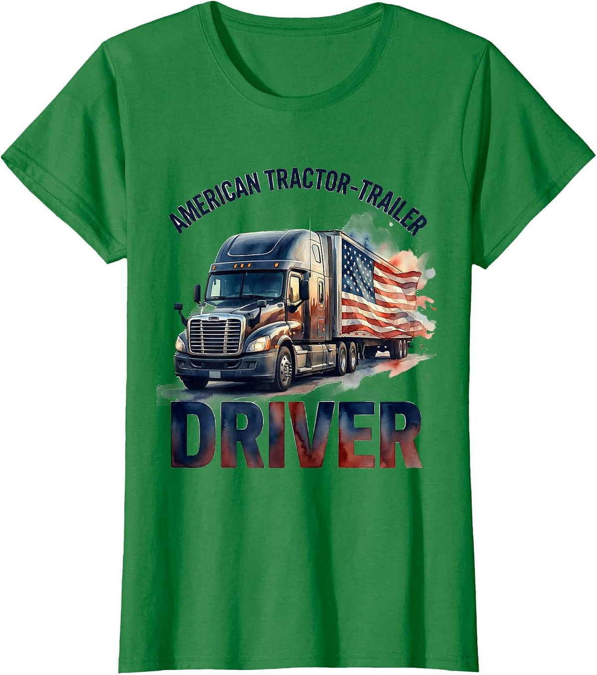 American Tractor-Trailer Driver Watercolor Patriotic Trucker T-Shirt - Kelly Green